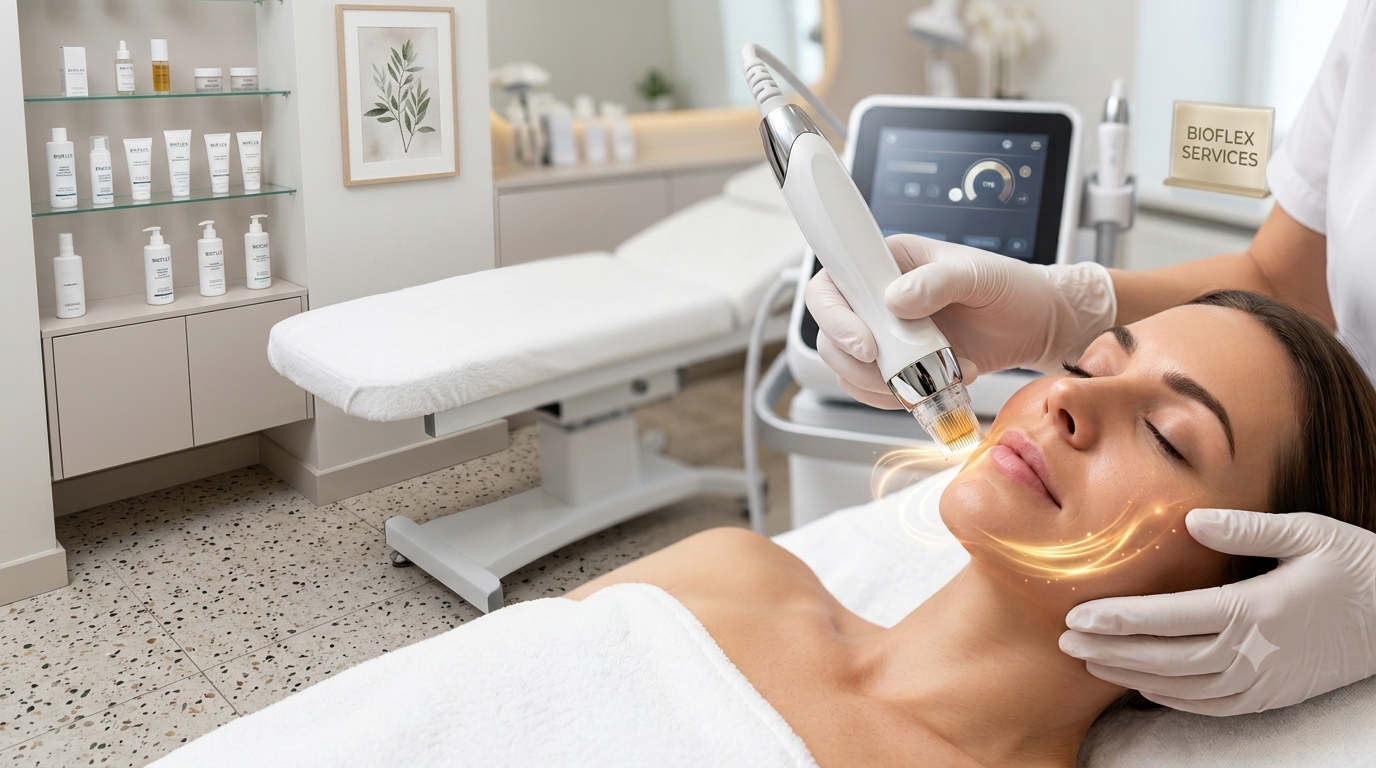 A patient undergoing an RF microneedling treatment on their face.
