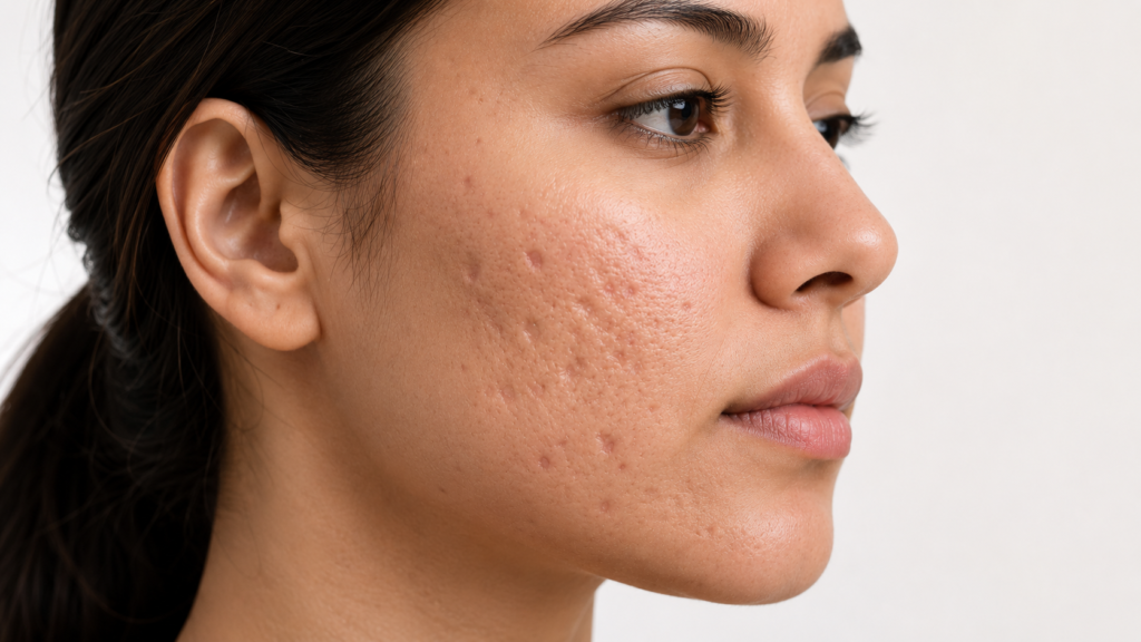 Common types of acne scars including ice pick, boxcar and rolling scars