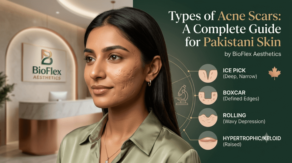 Diagram illustrating ice pick, boxcar, and rolling types of acne scars.